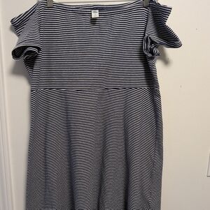 XL Old Navy White & Navy Pin Striped Short Sleeve, Off The Shoulder Mini Dress
